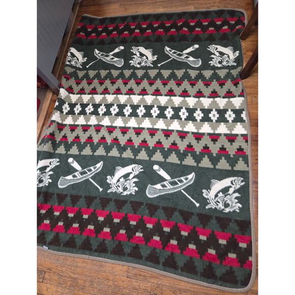 Cabin Fever Blanket Fleece Fishing Aztec Canoe Green Cabincore Red 75"x60" - Picture 2 of 5